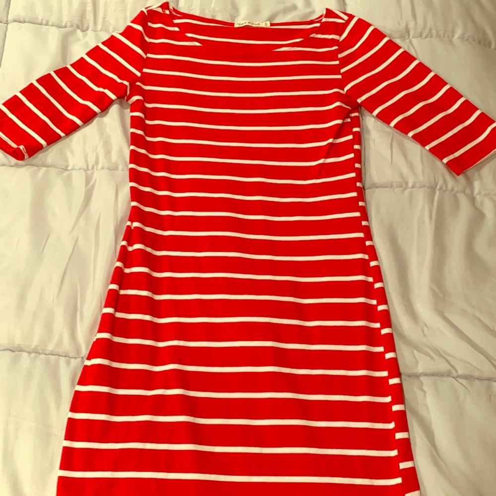 Striped quarter sleeve bodycon cotton dress